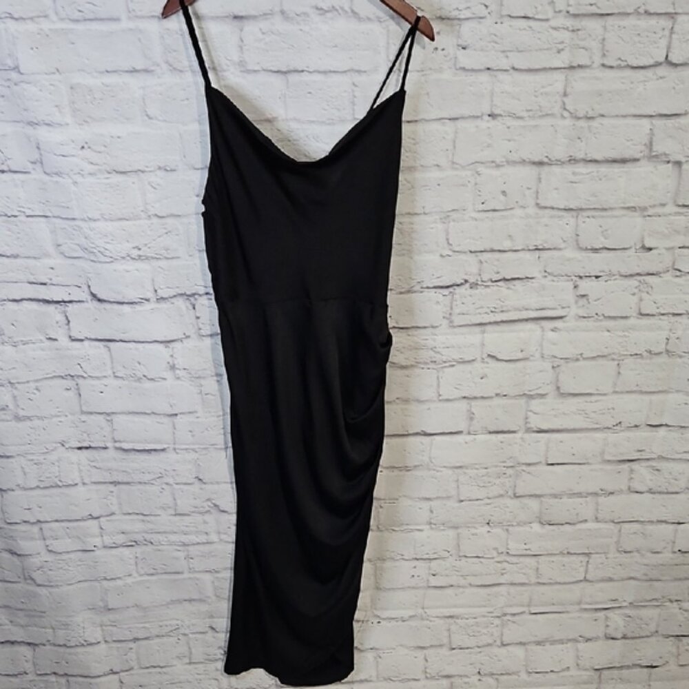 Elegant Black Satin Midi Dress with Spaghetti Straps